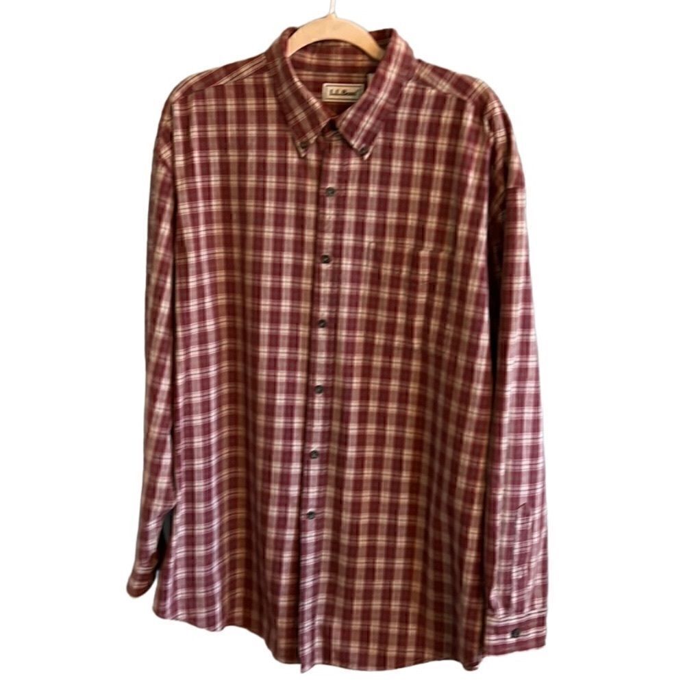 LL Bean Men’s XL Vintage heavy weight plaid button maroon & cream down shirt